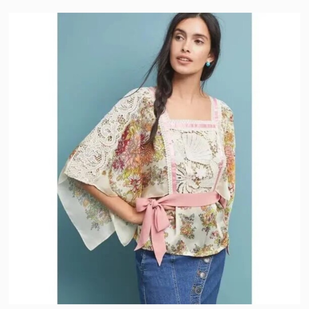 Anthropologie TINY Begonia floral kimono Ribbon wrap blouse top medium